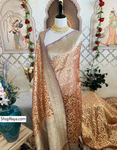 Organza Silk Sari from Banaras | Metallic Rust Orange | Gold Zari | Handwoven | Ships from California